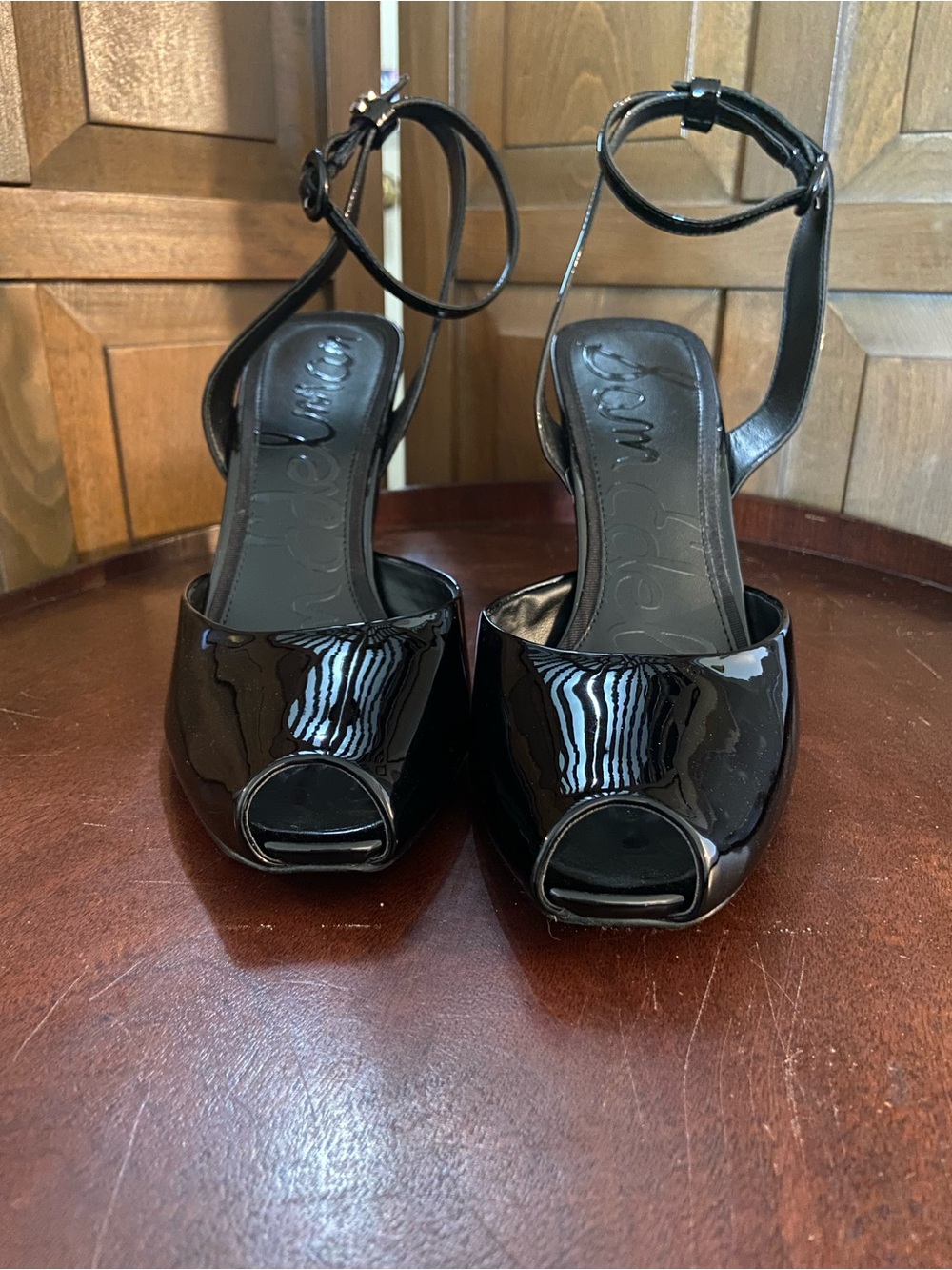 Sam Edelman Black Patent Peep-Toe Ankle-Strap Heels